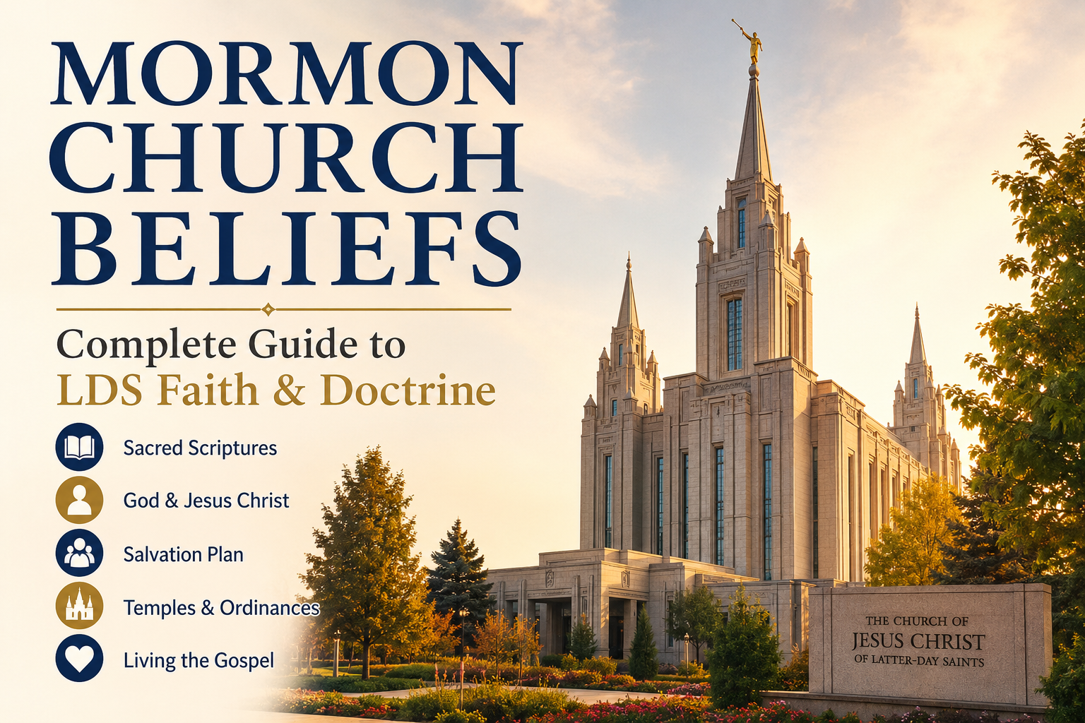 Morman Church Beliefs guide featuring an LDS temple with key doctrines, faith, scriptures, Jesus Christ, salvation, and worship