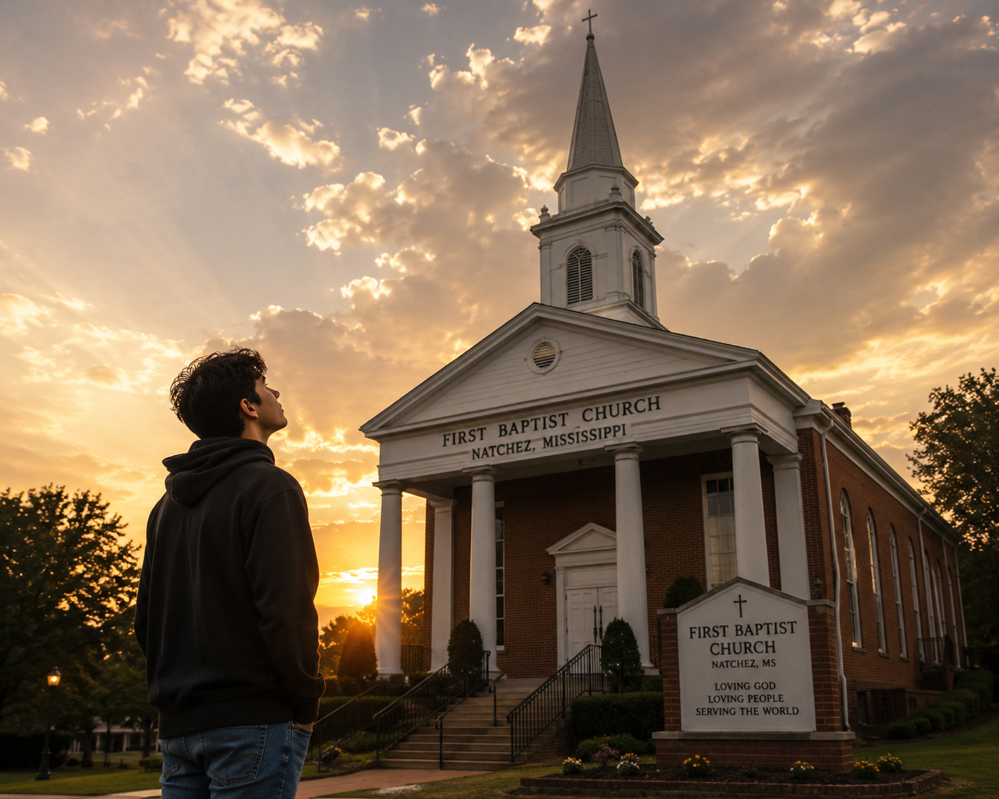 Exterior view of First Baptist Church Natchez MS, a historic Baptist church in Natchez, Mississippi, welcoming visitors for worship, Bible study, and community fellowship