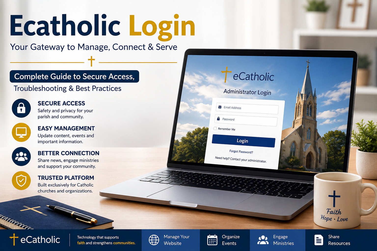 eCatholic Login page showing secure sign in access for users to manage their church website account and online services