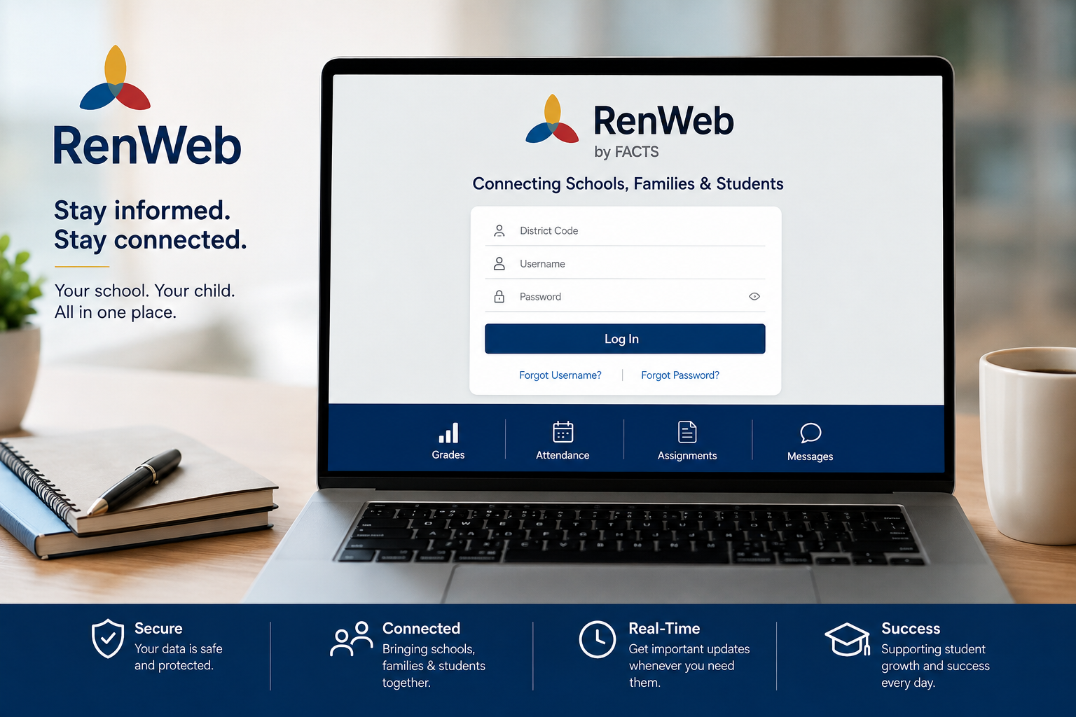 Ren Web parent portal login dashboard displayed on a laptop, showcasing a secure school management system for parents, students, and teachers to access grades, attendance, assignments, and school communication